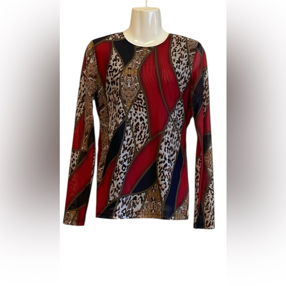 OO LALA Red and Black Graphic Long Sleeve Blouse